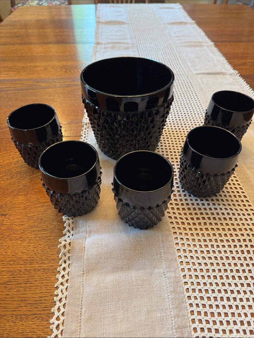 Vintage Black Diamond Glass Ice Bucket & Tumbler Set